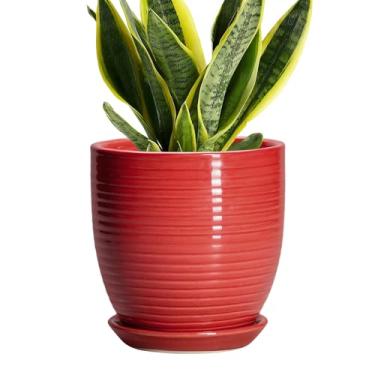 Imagem de EPFamily Vasos de cerâmica para plantas - Vaso de plantas de 15 cm com orifício de drenagem e pires, vasos redondos, vasos de flores, plantador moderno, decoração de sala de escritório em casa