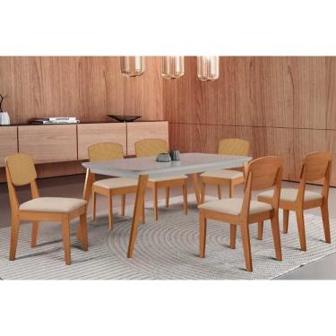 Imagem de Sala Jantar Mesa Havana Tampo c/ Vidro Curvo 180cm+6 Cadeiras Havana Naturale/Off White - Linho Bege - Rufato