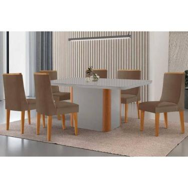 Imagem de Sala Jantar Mesa Pietá Tampo c/ Vidro Curvo 180cm+6 Cadeiras Dakota Naturale/Off White - Suede Capuccino - Rufato
