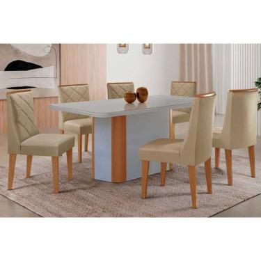 Imagem de Sala Jantar Mesa Pietá Tampo c/ Vidro Curvo 180cm+6 Cadeiras Pietá Naturale/Off White - Linho Bege - Rufato