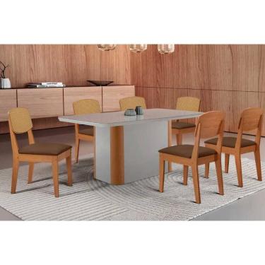 Imagem de Sala Jantar Mesa Pietá Tampo c/ Vidro Curvo 180cm+6 Cadeiras Havana Naturale/Off White - Suede Marrom - Rufato
