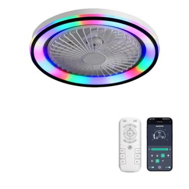 Imagem de CACI Mall Ventilador de teto RGB com luzes e controle remoto, suporte embutido de perfil baixo, moderno, sem lâminas, ventilador de teto inteligente para quarto de crianças, sala de estar, 48 cm