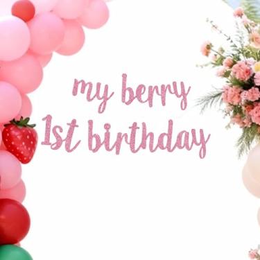 Imagem de TONIFUL Faixa de aniversário de 1º aniversário da My Berry, placa de feliz aniversário para pano de fundo, faixa de feltro rosa com glitter inclui cola de pontos, perfeito para festas do dia B