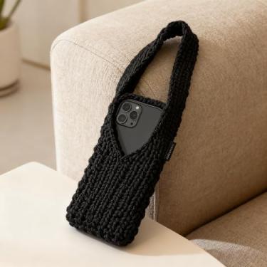 Imagem de Bolsa de malha para celular, bolsa de tecelagem 3D texturizada, capa protetora com design estético de rugas para dispositivos móveis (preto)