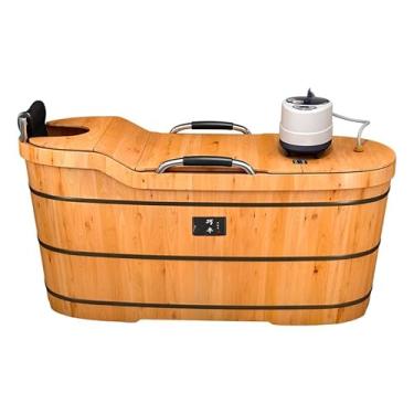 Imagem de Banheira de imersão de cedro adulto com vapor integrado e caixa de ervas – Pacote de banho de spa de madeira premium (cor de madeira, 160 cm)