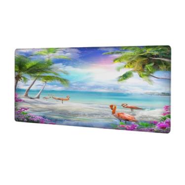 Imagem de Tapete de rato grande flamingo, oceano, palmeira, impermeável, tapete protetor de mesa estendido para computador, base de borracha antiderrapante para escritório, computador, teclado, laptop e mesa de