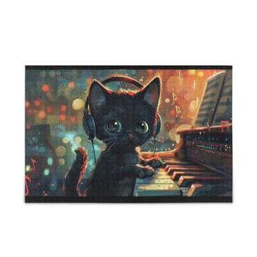 Imagem de Quebra-cabeça de gato preto com fones de ouvido para presente faça você mesmo com 1000 peças com bolsa de armazenamento de malha, quebra-cabeça de desafio para adultos