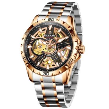Imagem de GLENAW Relógios masculinos automáticos masculinos - mostrador esqueleto com corda automática, relógios masculinos mecânicos cinéticos, relógio masculino à prova d'água 30 m de aço inoxidável para