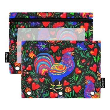 Imagem de Bolsa para lápis, fichário com 3 anéis, arte popular, galos coloridos, fichário com zíper, caneta, rosa, fichário escolar, bolsos transparentes, giz de cera, 25 x 18 cm, 2 pacotes