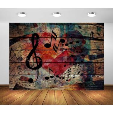 Imagem de Loccor Pano de fundo de notação musical de tecido de 2,4 x 1,8 m para fotografia, música, palco, símbolo, parede de madeira, cenário de fotografia para tema musical, festa, cabine de fotos, cenário do