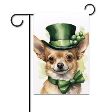 Imagem de Deiubuc Bandeiras de jardim de cachorro chihuahua em aquarela 30 x 45 cm dupla face de São Patrício pequena decoração de jardim de boas-vindas sazonal para varanda externa
