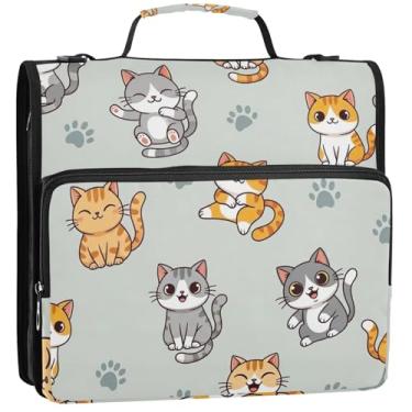 Imagem de Gatos fofos de desenho animado 3 fichários de 3,8 cm anel D organizador de fichário com zíper bolsa de fichário escolar com alça de armazenamento estojo portfólio com alça, 34,5 x 31,5 x 9 cm