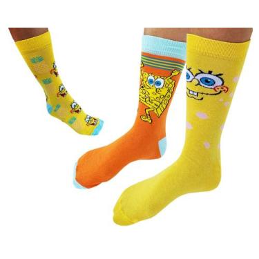 Imagem de Meia Cano Longo Bob Esponja Abacaxi Amarela Ciclista Skate Fundo do Ma