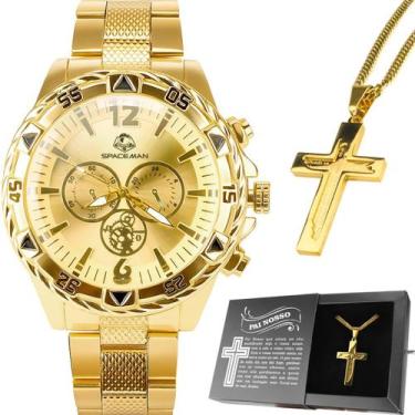 Imagem de Kit Relógio Masculino Aço Inox Dourado Grande e Cordão Corrente 67cm c