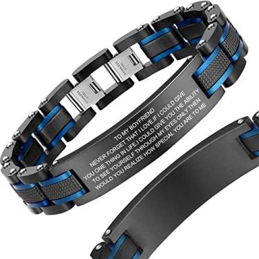 Imagem de Zillaly Pulseira masculina de aço inoxidável de dois tons quadrados de diamante em preto e azul banhado a íon preto, Sem pedras preciosas