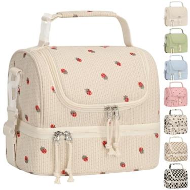 Imagem de Vankor Lancheira infantil, lancheira térmica de veludo cotelê de dois andares para meninas e meninos, alça ajustável à prova de vazamento grande lancheira para viagens escolares, veludo cotelê bege