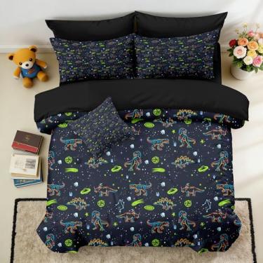 Imagem de Yadangxiawa Jogo de cama casal de dinossauro, 6 peças, para adolescentes, com 1 colcha + 1 lençol de cima + 1 lençol com elástico + 2 fronhas + 1 capa de almofada (casal dinossauro-D)