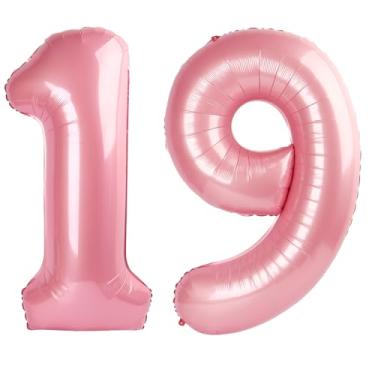 Imagem de Balão número 19 rosa perolado de 101 cm, balão número 19, 101 cm, decorações de festa de aniversário de 19 anos para meninos ou meninas, suprimentos de festa de aniversário de Mylar enorme