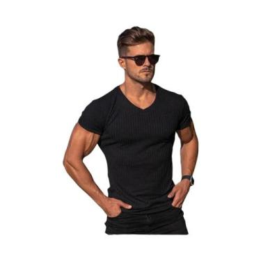 Imagem de Camiseta Casual Masculina De Verão Com Decote Em V E Manga Curta Em Co