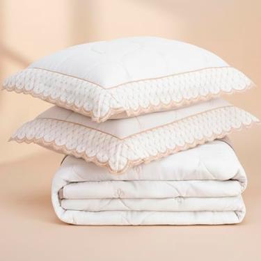 Imagem de Kit Enxoval Colcha Queen Dupla Face Lavive Serele Percal 200 Fios Laise Bordada Cobreleito 3 Peças (Bege Palha)