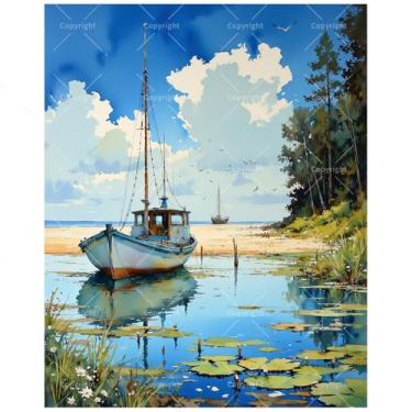 Imagem de Kit de pintura à beira-mar e pássaros por números para adultos - Pintura de barco à vela de praia tranquila DIY em tela 40,6 x 50,8 cm, conjunto de tinta acrílica, adequado para iniciantes, arte