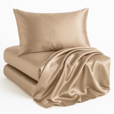 Imagem de Casa Platino Jogo de lençol solteiro de cetim - 3 peças - macio como seda - 1 lençol com elástico alto, 1 lençol de cima e 1 fronha padrão - Comporta bem após a lavagem - Conjunto de lençóis