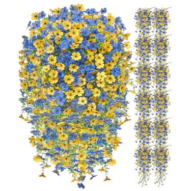 Imagem de Serwalin 12 peças de flores artificiais de outono para decoração ao ar livre, flores artificiais de seda realista para pendurar no pátio, jardim, varanda, janela, exterior (amarelo e azul, 12 peças)