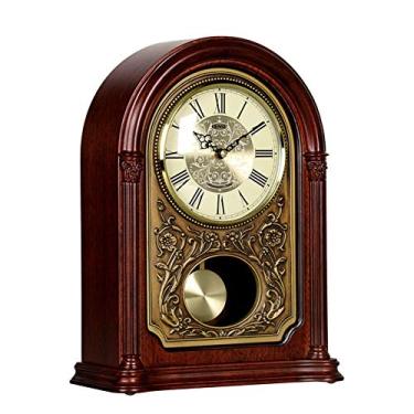 Imagem de Lss9azznmm Relógio de pêndulo europeu de madeira maciça preciso alimentado por bateria silencioso romano digital decorativo relógio de mesa relógio de lareira de quartzo (cor: cloro de madeira)