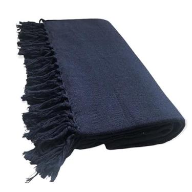 Imagem de Manta para Sofá Algodão 2,50x1,80m Artesanal Decorativa com Nós nas Pontas Capa Protetora Elegante(Azul Marinho)