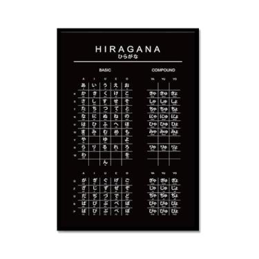 Imagem de Pôster do gráfico do alfabeto japonês Hiragana Katakana preto e branco pintura em tela educação aprender impressões escritório sala de aula decoração (SKU10,20.3x30.5 cm = (20x30cm), moldura de metal
