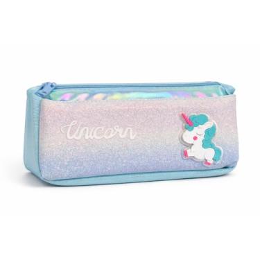 Imagem de Estojo Escolar Duplo Unicórnio Holográfico Infantil com Dois Compartimentos Zíper Reforçado 21x10x21cm Design Brilhante com Glitter Incorporado (Verde)