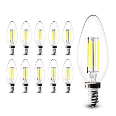 Imagem de Lâmpadas de filamento LED E14 de 4W, tipo vela transparente, equivalentes a 40W, branco frio 6000-6500K, não dimerizáveis, com encaixe de rosca Edison pequena (pacote com 10).