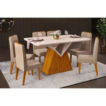 Imagem de Conjunto: Mesa de Cozinha Argo c/ Tampo Madeirado c/ Vidro Curvo 136x90cm e 6 Cadeiras Lia Freijo/Off White - Suede Kraft - DJ Móveis