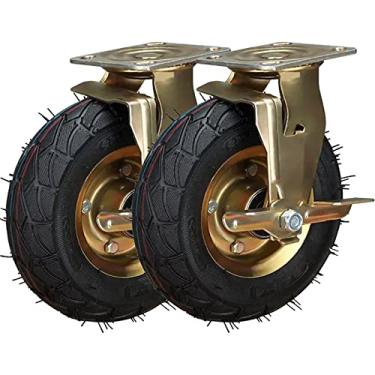 Imagem de Rodas de borracha pneumática resistentes de 20 cm e 25 cm, pacote com 2 - giratórias/fixas com freios, substituição de rolamento de esferas duplas para móveis, carrinhos, bancadas de trabalho e