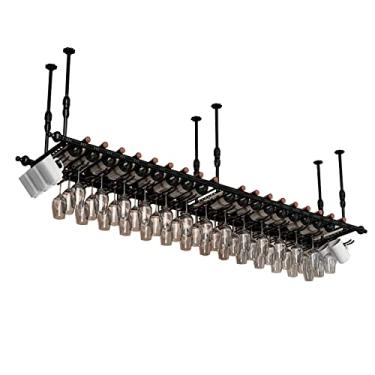 Imagem de Rack de vinho de aço rústico montado na parede, suporte para copos de vinho de teto, prateleira flutuante de garrafa de mesa ajustável em altura, prateleira decorativa de teto para armário de cozinha