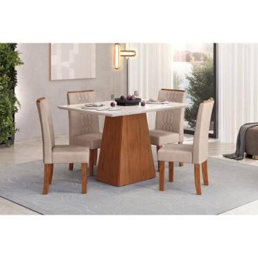 Imagem de Conjunto: Mesa Sala Jantar Dulce c/ Tampo Madeirado c/ Vidro Reto 120x90cm e 4 Cadeiras Zoe Freijo/Off White - Suede Creme - DJ Móveis