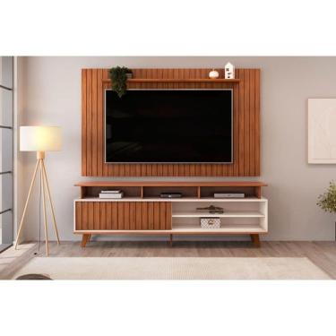 Imagem de Rack Bancada c/ Painel p/ TV até 65 Pol Lume/Flow Ripado Porta e Nichos 180x168cm Freijó/Off White - DJ Móveis