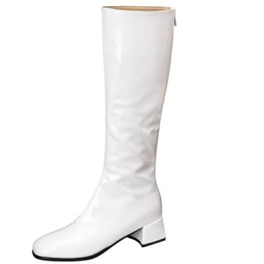 Imagem de ZOGEER Gogo Botas femininas cano alto salto baixo grosso bico quadrado alto outono inverno sapatos longos com zíper, Branco, 42