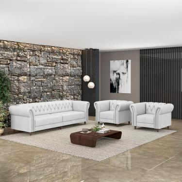 Imagem de Conjunto Sala de Estar 1 Sofá Living 240cm e 2 Poltronas Stanford Chesterfield Pés Madeira Couro Branco G58 - Gran Belo