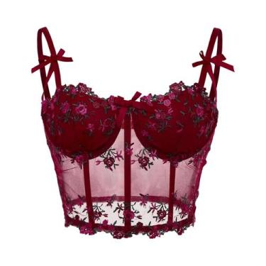 Imagem de Camisola Feminina Sensual De Renda Com Bordado Floral E Laço, Top Curt