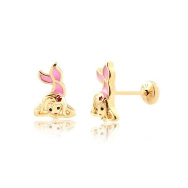 Imagem de Brinco Sereia Infantil Com Resina Rosa Folheado A Ouro - Radhau Joias,