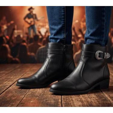 Imagem de Bota Feminina Texana Salto Baixo Western Cano Curto Bico Fino Cor:Pret