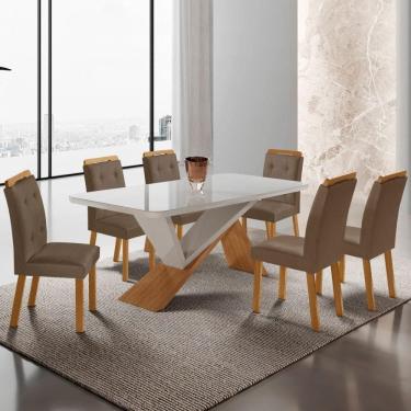 Imagem de Mesa De Jantar Yasmin 180cm Tampo Com Vidro 6 Cadeiras Carol Veludo Capuccino/nat/off/serig. Off