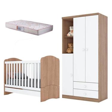 Imagem de Berço Nacional e Guarda Roupa Infantil Bala de Menta Rústico Branco com Colchão Gazin -...