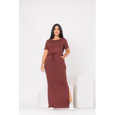 Imagem de Vestido Longo Ajuste na Cintura com Manga e Bolso Cor:MarromTamanho:P 
