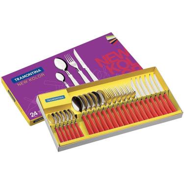 Imagem de Faqueiro New Kolor 24 Peças com Facas para Churrasco, Garfos e Colheres em Aço Inox para Mesa Posta Vermelho