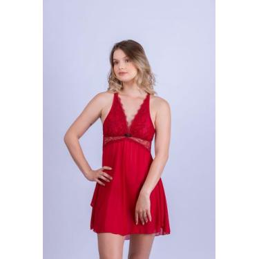 Imagem de Camisola de Renda Bicolor e Fio Dental - Stella Bernardi, Preto, Verme