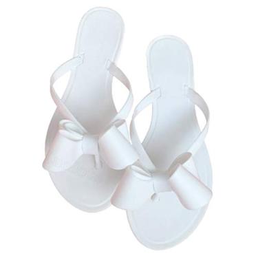 Imagem de Mtzyoa Sandálias rasteiras femininas com laço de geleia para praia, rebites rasos, chuva, lindas sandálias de verão, Branco, 38