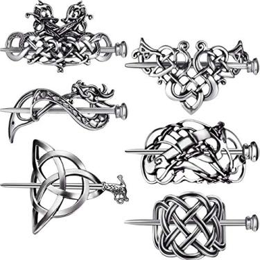 Imagem de 6 peças de clipes de cabelo celta Viking retrô prateados, grampos de cabelo celta, presilhas de cabelo, presilhas de cabelo, acessórios de cabelo para mulheres e meninas