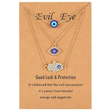 Imagem de Baydurcan Colar delicado de olho turco e colar de Hamsa colar com pingente de mão olho azul turco, 3 peças, joia de proteção da sorte, presente para mulheres e meninas, Metal, Zircão